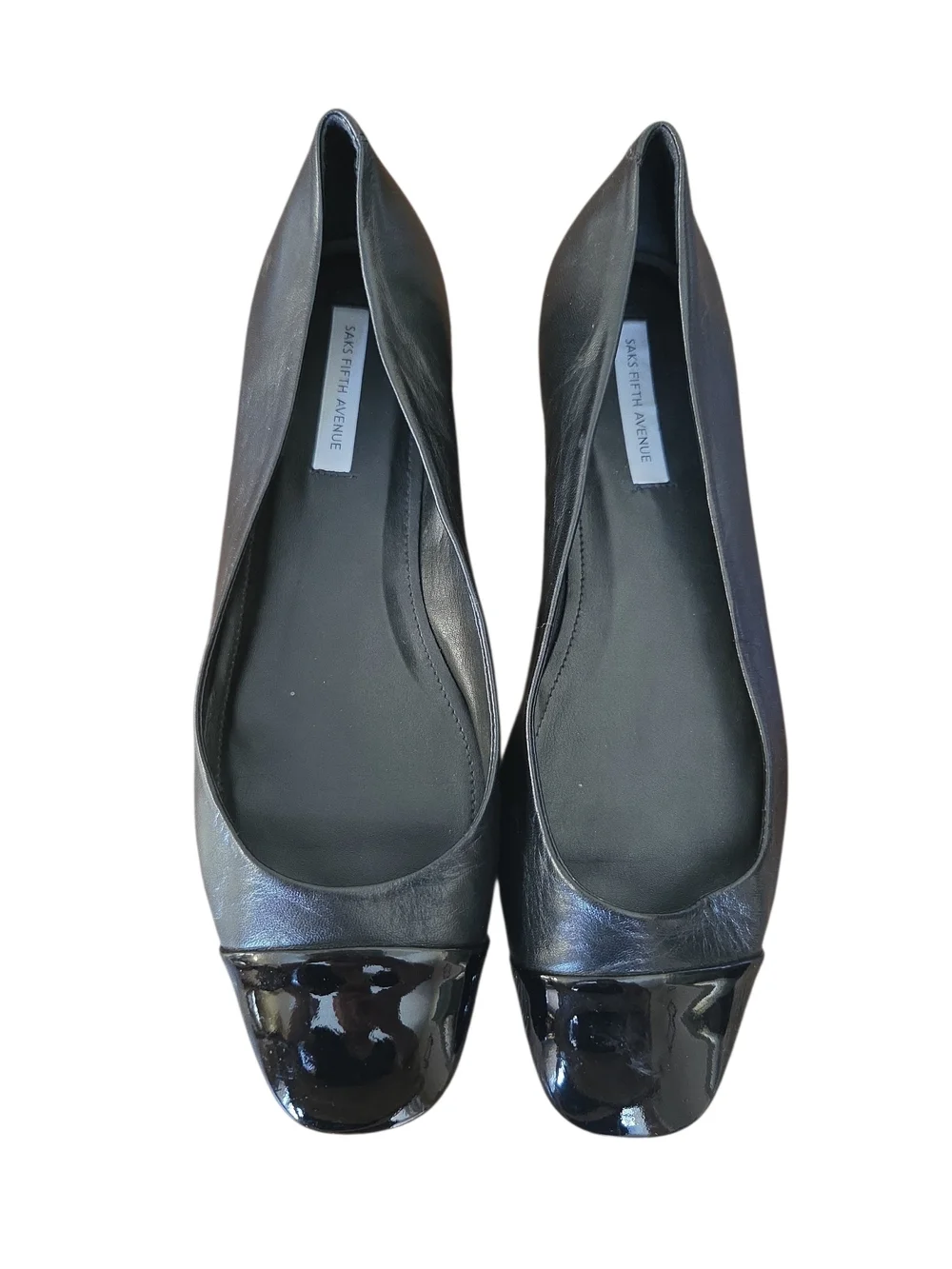Saks Fifth Avenue Black Leather Flats with Patent Black Cap Toe